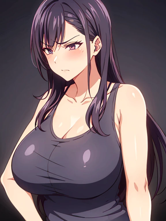 1 milf, purple and slightly black hair, wearing a black tank top, cynical look, angry face, white background, sex with guy