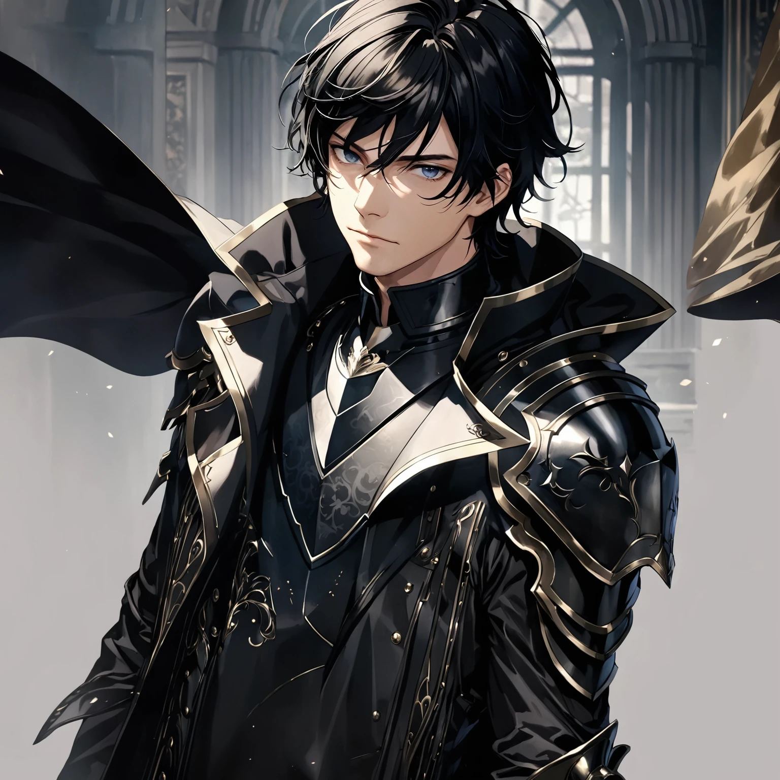 masterpiece, best quality, 1man, adult, male focus, solo, medium hair, black hair, looking at viewer, High quality metal texture, overcoat, closed mouth, upper body, bangs, high collar,(kbxll:0.6), Fantasy aesthetics, Highly detailed, shadowverse style, black armor, leather jacket, symmetry design
