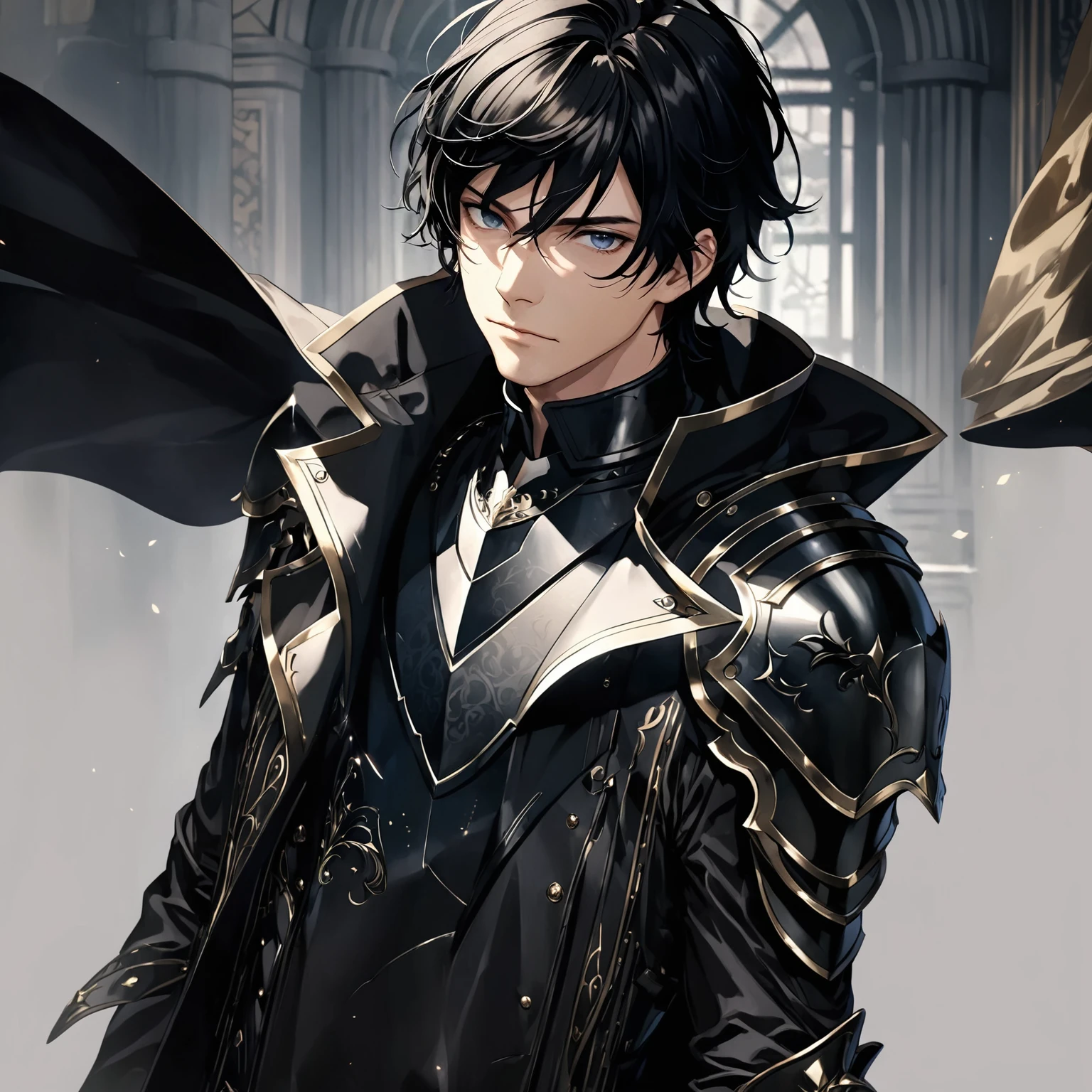 masterpiece, best quality, 1man, adult, male focus, solo, medium hair, black hair, looking at viewer, High quality metal texture, overcoat, closed mouth, upper body, bangs, high collar,(kbxll:0.6), Fantasy aesthetics, Highly detailed, shadowverse style, black armor, leather jacket, symmetry design