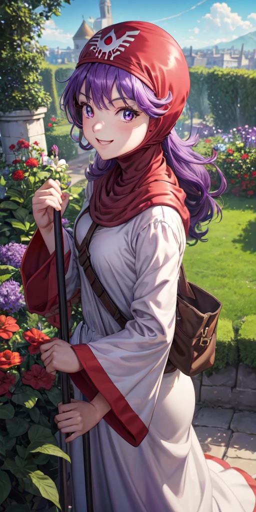 masterpiece, best quality, 4k, 8k, dqPom, red hood, purple hair, robe, upper body, standing, holding staff, sky, garden, looking at viewer, from above, smile