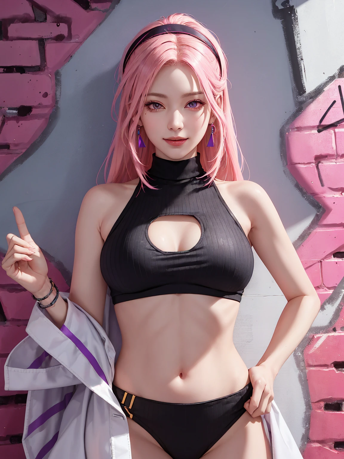 (Masterpiece, best quality, 1 girl, alone, complicated details, Chromatic aberration), realistic, ((Moderate breath)),long hair, pink hair, Red headpiece, Pink Highlights, hair on one eye,purple eyes, earring, sharp eyes, choker, Neon coat, She wears a collar, bangle, and kimono style garters., crop top, (symmetrical eyes),(Perfect symmetrical body),against the wall, Brick wall, (colorful graffiti words on the wall:1.2), The light is dim., alley ,Look at the viewer.、Dig the chest、smile、(sleeveless、Navel touch、Fitted turtleneck.)、street string hot pants、Thin bottom、Please build above the eaves..、Thin shoulders、