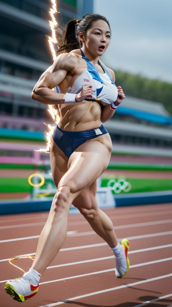 nsfw,(Full nudity:1.5),(Masterpiece、High Precision、high quality、8K、Thorough realism),(Long ponytail hairstyle),(Female Athletes),(Big Tits:1.7),(Thick and wide pubic hair:1.3),(Concentrated expression),(((Ripped muscular body、Six-pack、muscular thick thighs))),((((Olympic sprint)))),(Sprinting forward in a race:1.9),(30-year-old Japanese female runner,(Olympic Venues:1.3)