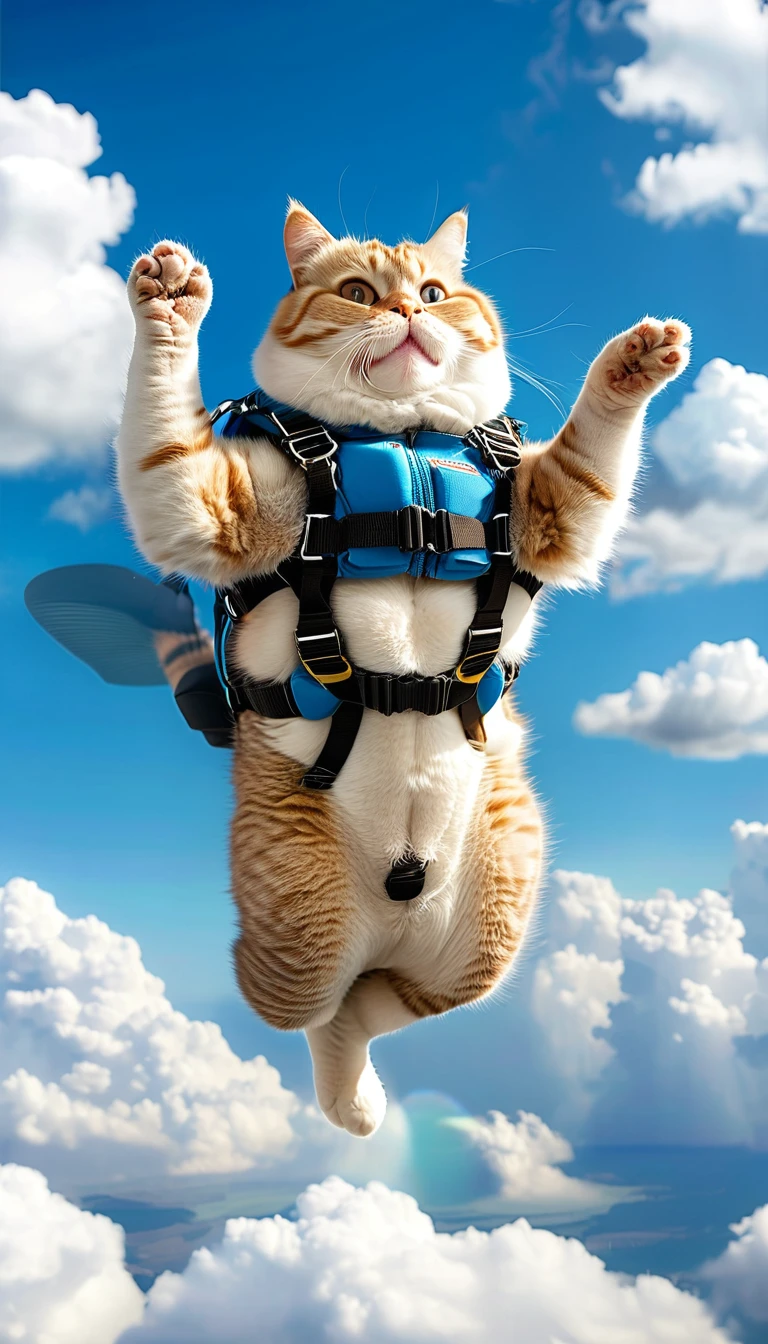 An obese cat is skydiving into the blue sky