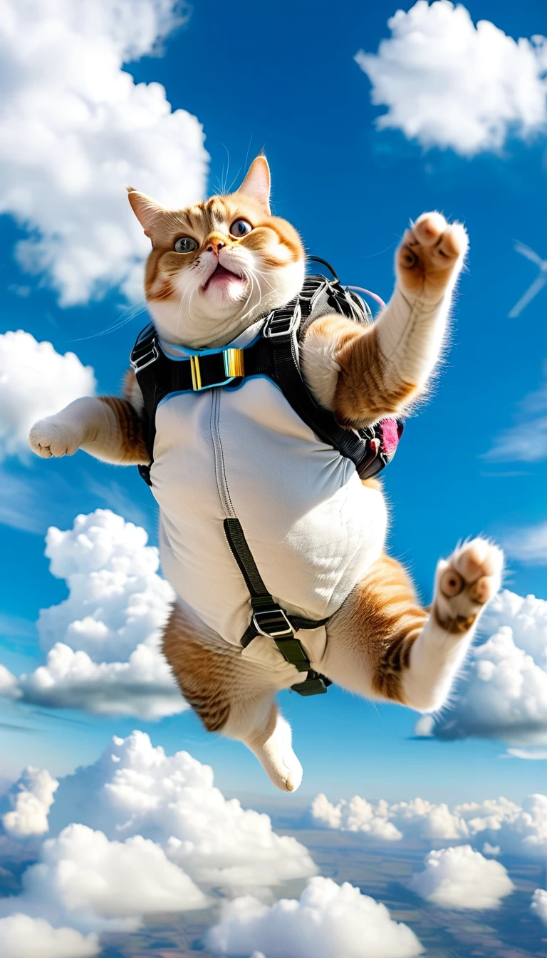 An obese cat is skydiving into the blue sky