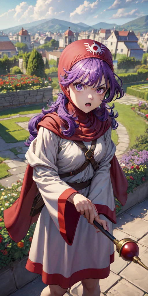 masterpiece, best quality, 4k, 8k, dqPom, red hood, purple hair, robe, upper body, standing, holding staff, sky, garden, looking at viewer, from above, angry