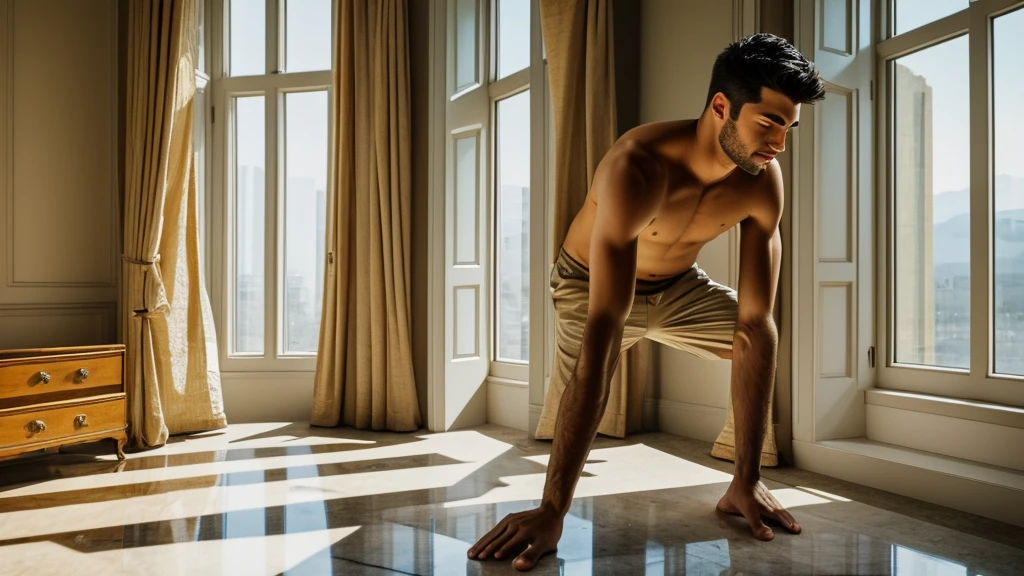 man working with marble, beautiful sunlight from window