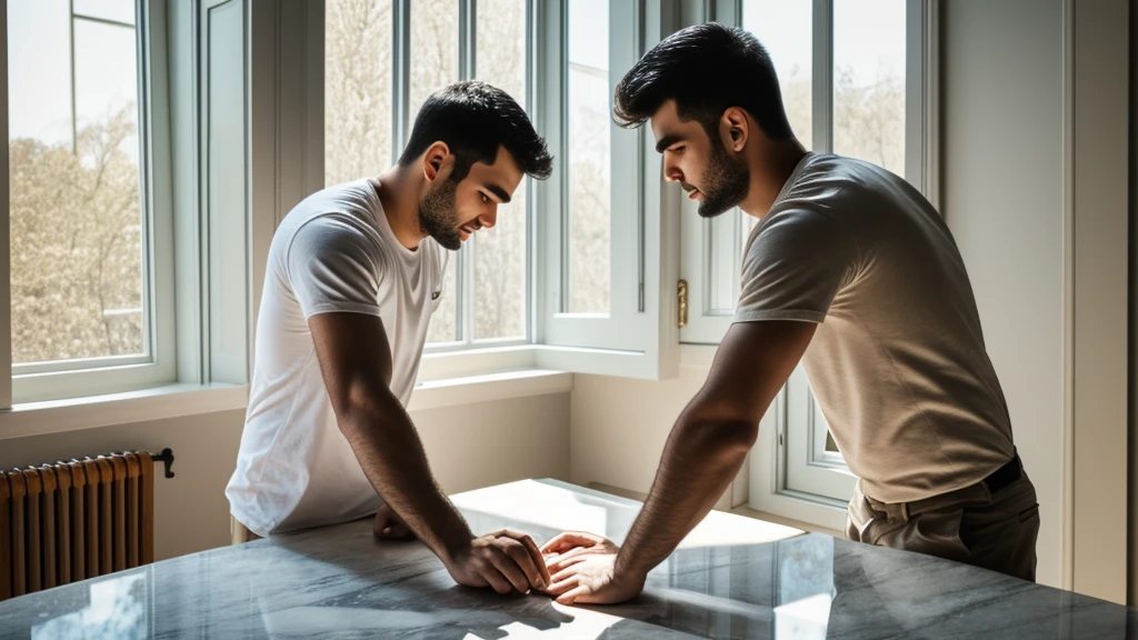 man working with marble, beautiful sunlight from window