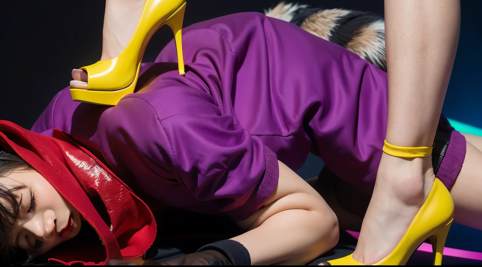 This image features a muscular, dark-skinned young man of African descent dressed in a vibrant raccoon costume. He is lying down with his eyes closed, showcasing his beautiful dark skin. His costume includes a glossy purple outfit with a red scarf, a purple beanie hat with gray ears, and black face paint around his eyes and nose to mimic a raccoon mask. He is also wearing black fingerless gloves. Emphasizing the glossy nature of his attire, the surfaces of his clothes reflect light, adding a striking, polished look to his appearance. Additionally, there is a pair of legs wearing bright yellow high-heeled shoes with white ankle socks. The glossy finish of the shoes matches the shiny outfit of the young man, creating a cohesive and visually appealing contrast. The yellow shoes stand on his back, further highlighting the glossy textures and vibrant colors in the image.. мультяшный sexy рендеринг ключевого кадра, милый 3D рендеринг,,Create ultra sharp glossy цветной рендеринг zbrush. perfect cgi, cgi art created only with gradients, smooth silhouette, Create ultra sharp skin, high intensity refraction, (plastic material), most beautiful vfx, blue background, plastic refractions, glossy texture, smooth 3d model, multiple light sources, rim light, sharp post effects render, (glossy plastic texture with multiple big light probe refractions), perfect cgi, cgi art created only with gradients, smooth silhouette, high intensity refraction, (plastic material), most beautiful vfx, blue background
