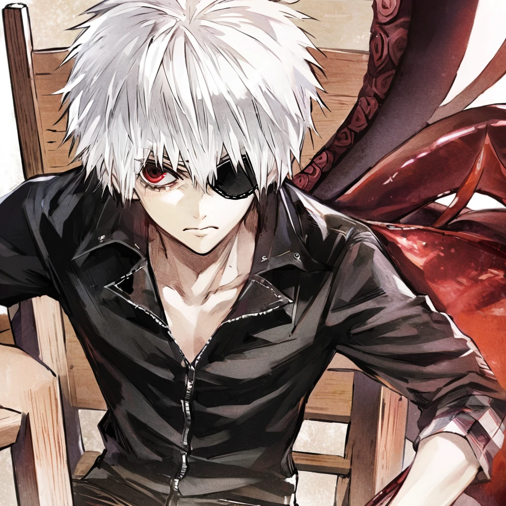 ```
ken kaneki, Tokyo Ghoul, white hair, black outfit, eyepatch, half-ghoul, serious expression, red kakugan eye, kagune tentacles, detailed face, high quality、Quiet appearance、sitting on a wooden chair、Centipede crawling

```