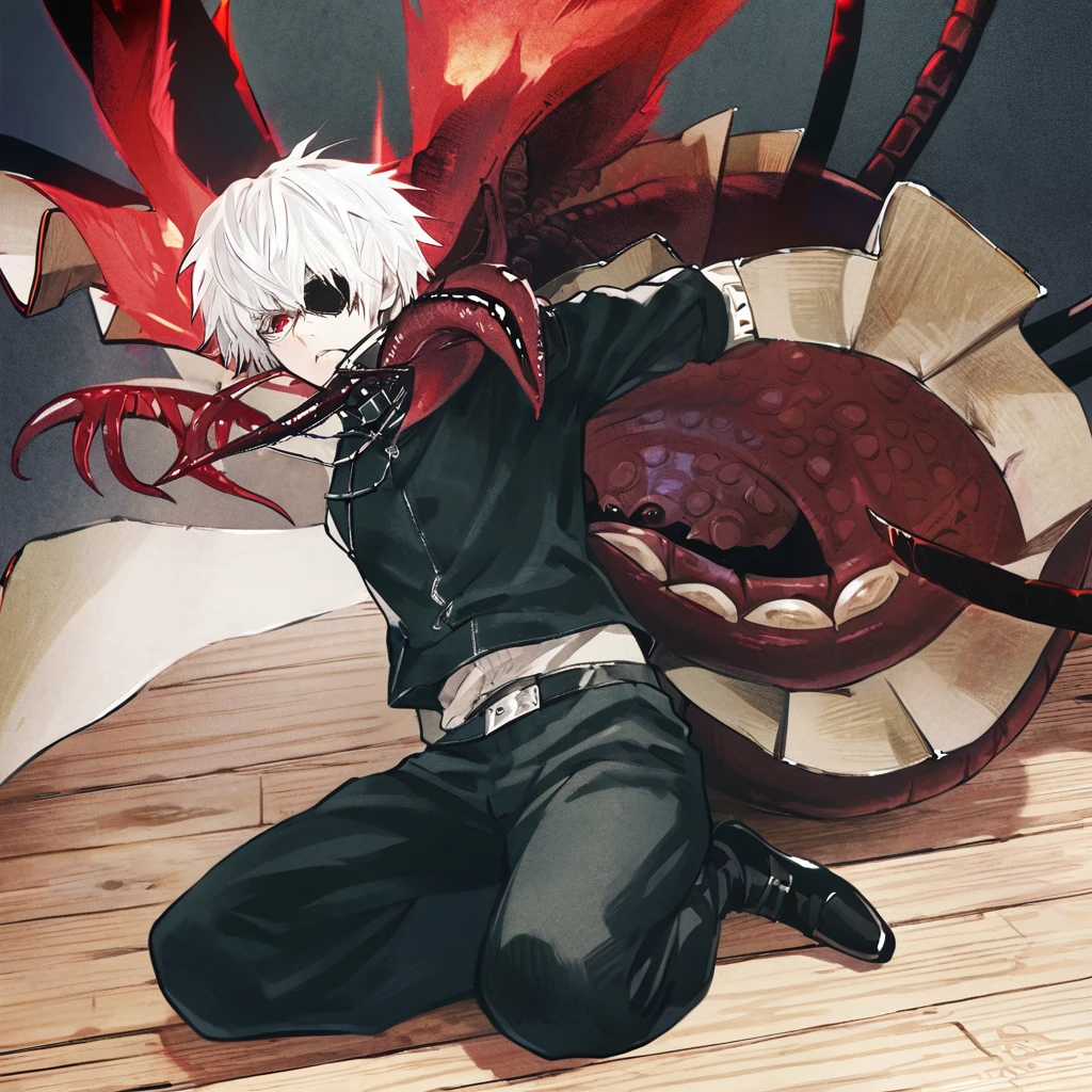 ```
ken kaneki, Tokyo Ghoul, white hair, black outfit, eyepatch, half-ghoul, serious expression, red kakugan eye, kagune tentacles, detailed face, high quality、Quiet appearance、sitting on a wooden chair、Centipede crawling

```