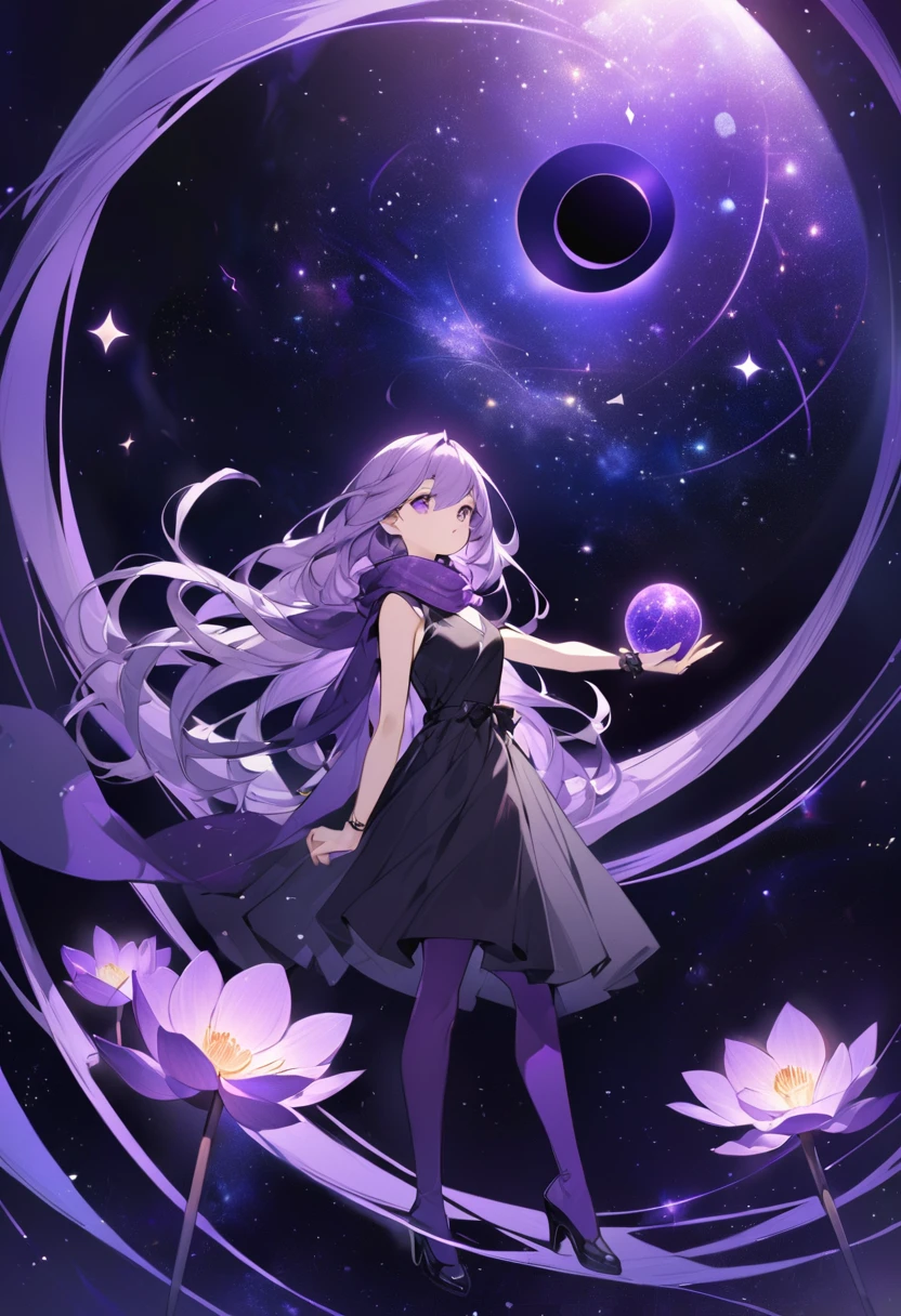 Extra long purple hair,Purple Eyes,The figure is very perfect,The body proportions are also very normal,Adult female aged 23,Wearing black and purple tights,A purple scarf on the wrist,And holding a purple lotus and a purple-black hole,The background is purple, the universe and the starry sky