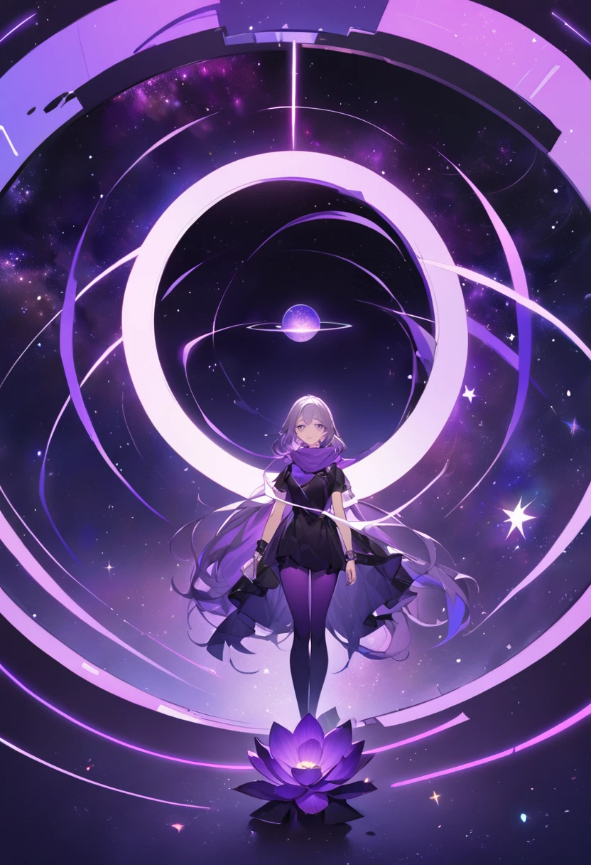 Extra long purple hair，Purple Eyes，The figure is very perfect，The body proportions are also very normal，Adult female aged 23，Wearing black and purple tights，A purple scarf on the wrist，And holding a purple lotus and a purple-black hole，The background is purple, the universe and the starry sky