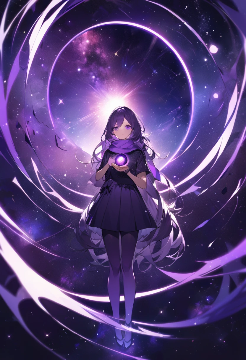 Extra long purple hair,Purple Eyes,The figure is very perfect,The body proportions are also very normal,Adult female aged 23,Wearing black and purple tights,A purple scarf on the wrist,And holding a purple lotus and a purple-black hole,The background is purple, the universe and the starry sky