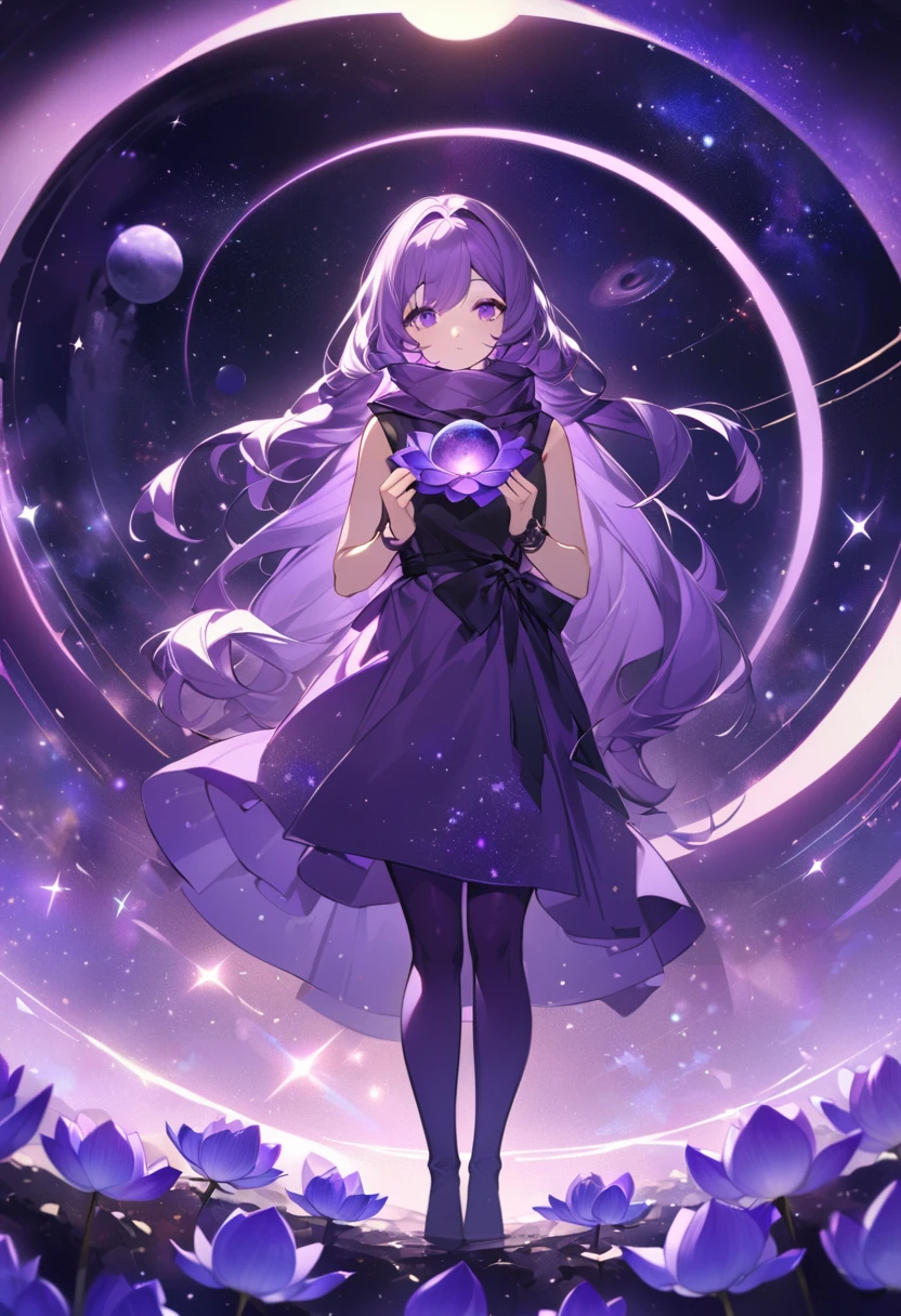 Extra long purple hair,Purple Eyes,The figure is very perfect,The body proportions are also very normal,Adult female aged 23,Wearing black and purple tights,A purple scarf on the wrist,And holding a purple lotus and a purple-black hole,The background is purple, the universe and the starry sky