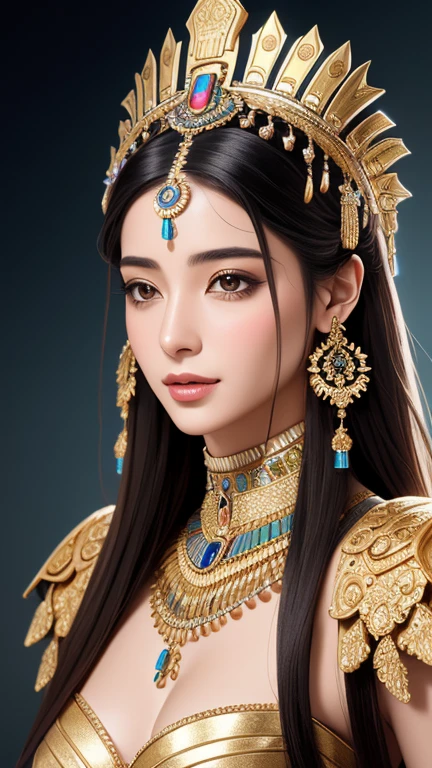 A regally dressed a digitally illustrated portrait of a female beautiful egypt figure with a serene expression, suggesting composure and tranquility. Her head is adorned with an intricate headdress featuring mechanical elements and floral motifs, blending the organic with the technological, indicative of a science fiction or fantastical theme. The artwork showcases a high level of detail in shading and texture, contributing to a realistic portrayal of metallic ,medium body shot