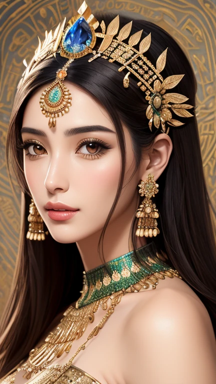 A regally dressed a digitally illustrated portrait of a female beautiful egypt figure with a serene expression, suggesting composure and tranquility. Her head is adorned with an intricate headdress featuring mechanical elements and floral motifs, blending the organic with the technological, indicative of a science fiction or fantastical theme. The artwork showcases a high level of detail in shading and texture, contributing to a realistic portrayal of metallic ,medium body shot