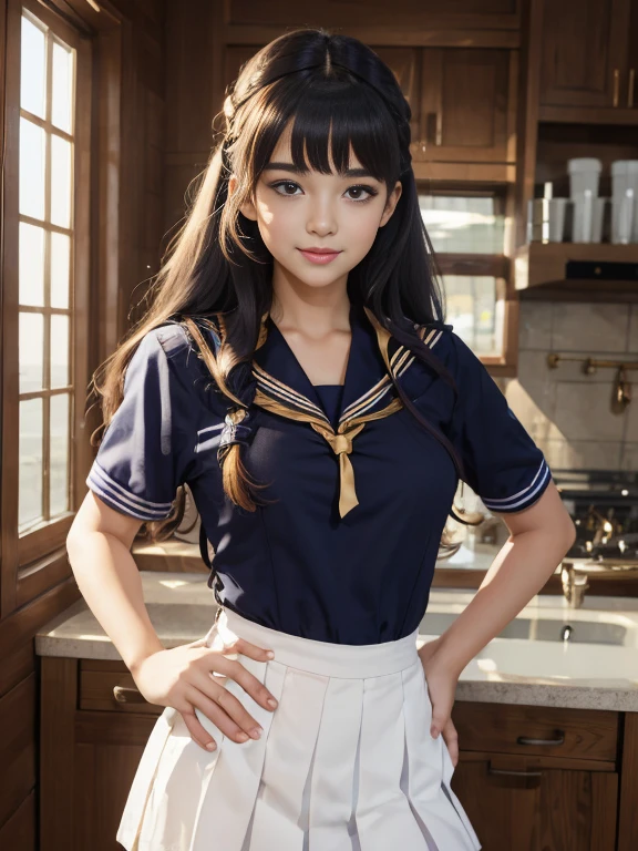 1girl, detailed face, high quality face,sailor girl, girl in sailor uniform, sexy sailor girl, __COLOR__ hair, __COLOR__ eyes, hand on hip, lips, looking at viewer, photo \(medium\), photorealistic, realistic, smile, solo, 8k , masterpiece, high quality 