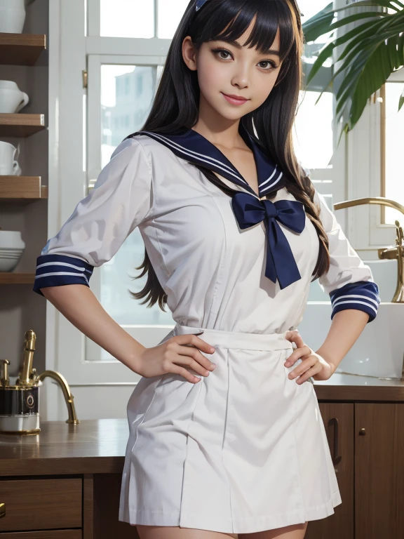 1girl, detailed face, high quality face,sailor girl, girl in sailor uniform, sexy sailor girl, __COLOR__ hair, __COLOR__ eyes, hand on hip, lips, looking at viewer, photo \(medium\), photorealistic, realistic, smile, solo, 8k , masterpiece, high quality 