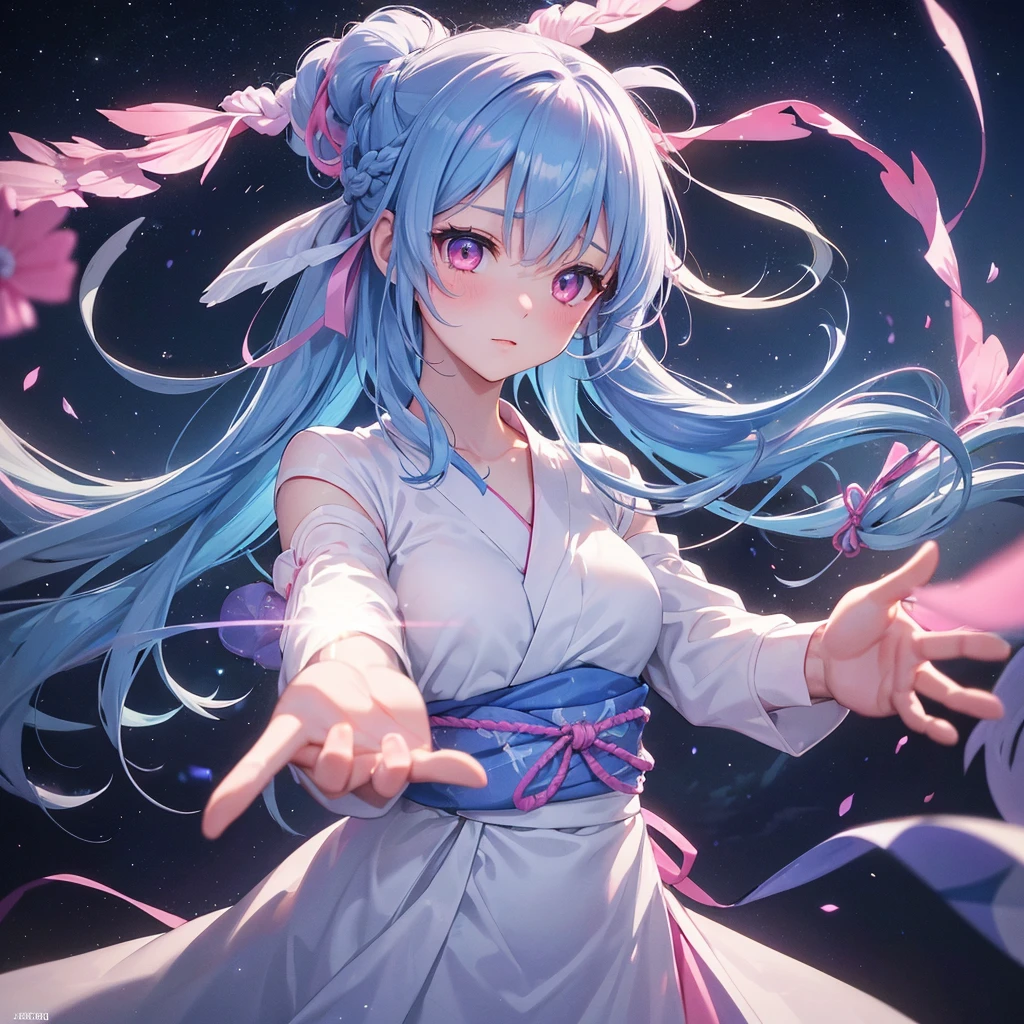Sky blue hair, (One braided ponytail),(Pink Eyes),Fair skin ,(whole body),(One girl),White yukata,Tanabata,(The Milky Way in the night sky),Hollow Eyes,Blushing,Straight bangs,,Wedding dress,(masterpiece, Highest quality, Very detailed, Best Shadow), (Detailed Background), (Beautifully detailed face), High Contrast, (Best lighting, Very delicate and beautiful), ((Cinematic Light)), colorful, Hyper Detail, Dramatic Light, Intricate details,Reaching out,