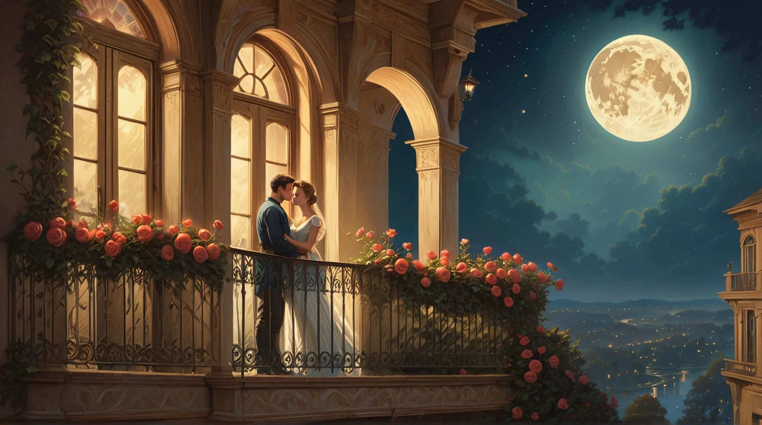 painting of a couple standing on a balcony looking at the moon, romantic painting, romantic era painting, rhads and thomas kinkade, romanticism painting, romanticism art style, elegant digital painting, style of tim hildebrandt, beautiful art uhd 4 k, tomas kinkade, romance novel cover, greg hildebrandt highly detailed, inspired by Evgeny Lushpin