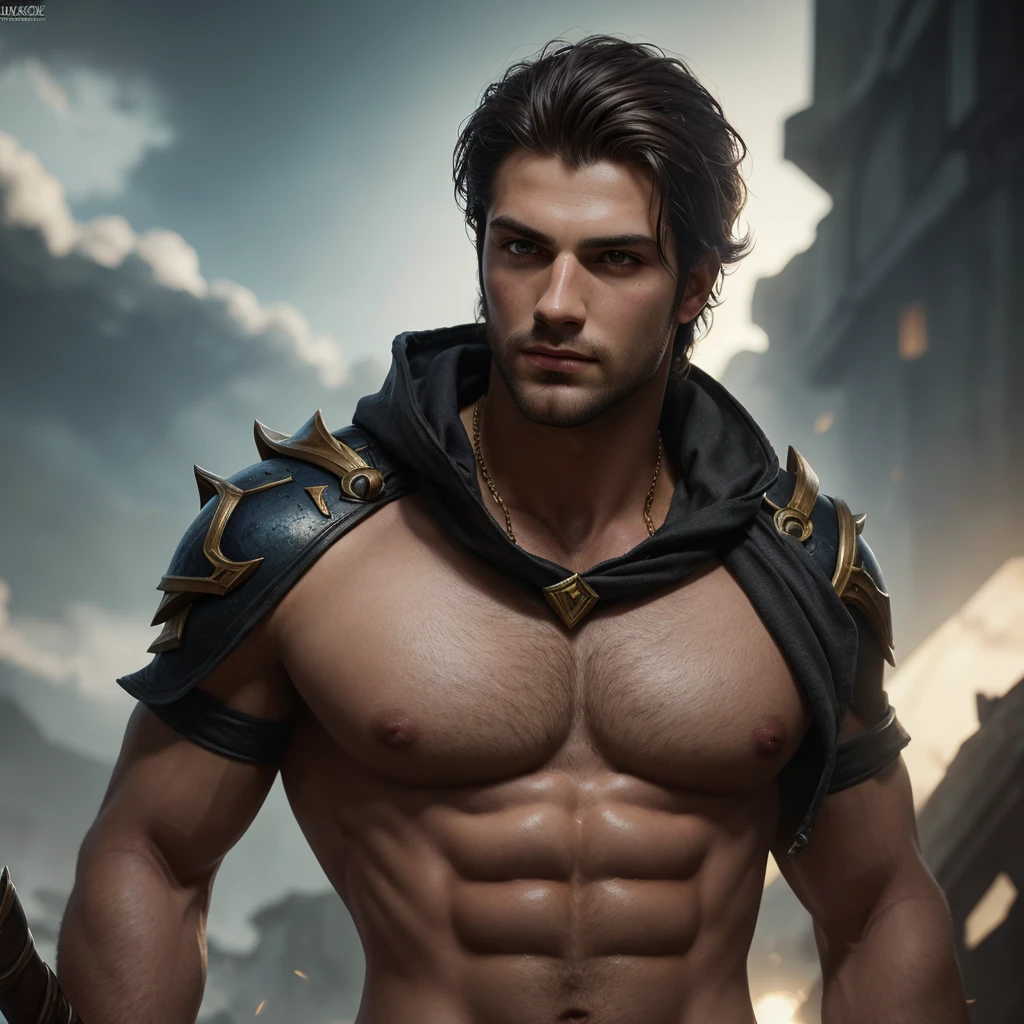 score_9, score_8_above, realistic, a handsome man, chest showing, body hair, artwork, best quality, high resolution, close-up portrait, bad, Greek god, fantasy, league of legends style, beautiful figure painting, bright light , Amazing composition, front view , hdr, volumetric lighting, ultra quality, elegant, highly detailed
