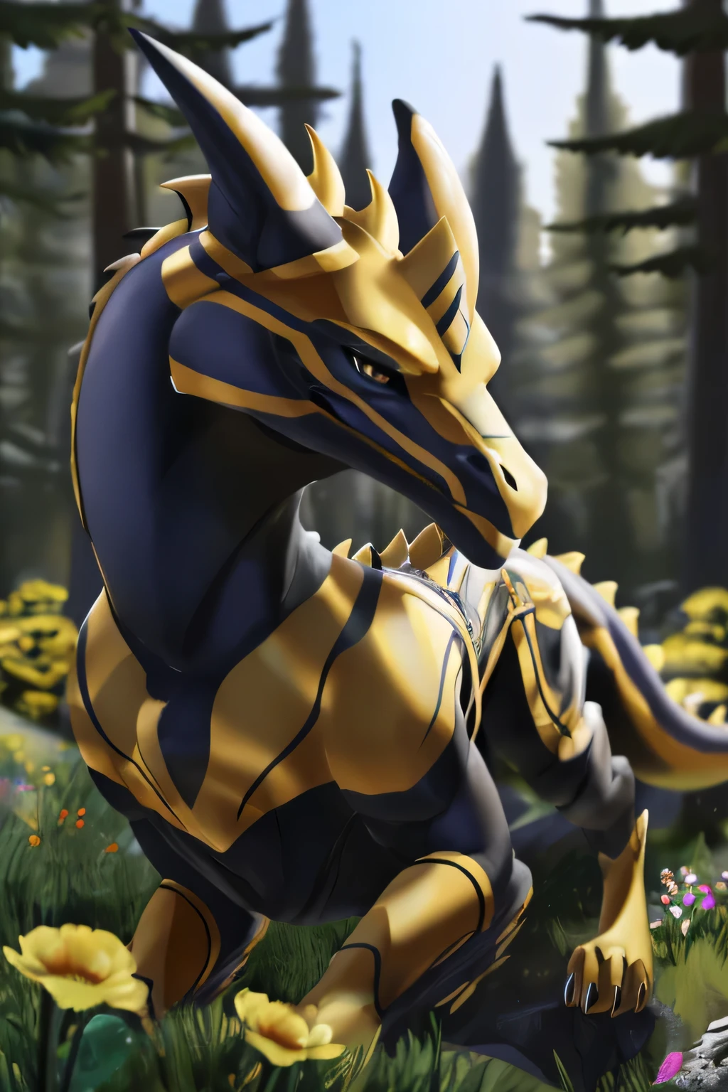 a black and gold dragon,quadruped,feral,4legged,a beautiful and detailed portrait,Beau,Beau from Dragon Booster,looking at viewer,headshot,ambient soft lighting, 4K, outdoors, nature, forest, trees, grass, plants, flowers,