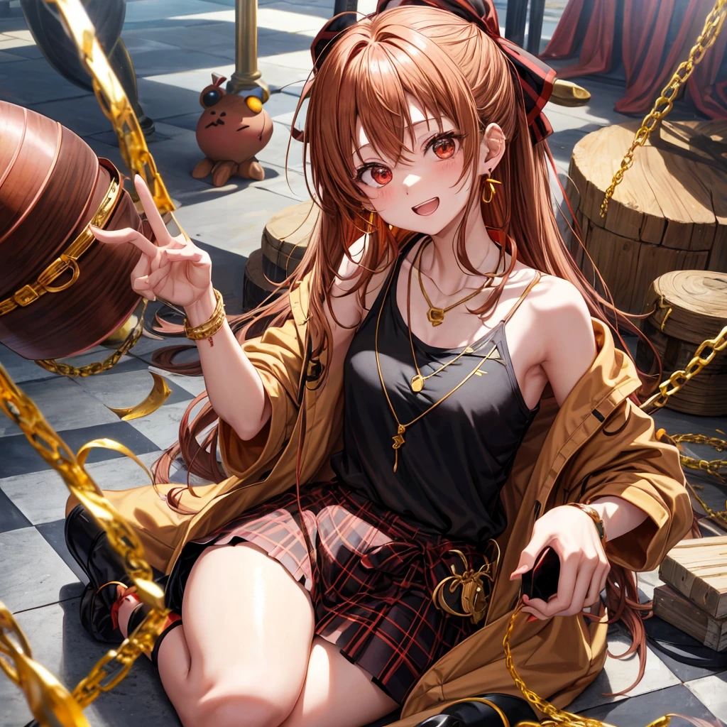 Brown, red, gold, golden hair、Red eyes、One good looking girl、solo、anime、Checkered mini skirt、Black camisole、Black T-shirt、hoodie、Wearing a ribbon、Ribbon on waist、Crystal Earrings、Gemstone Necklace、Light and shadow、Tilting face、Teeth are visible、Marble pillar、The floor is reflecting、Kind Face、Kuroko、wearing goggles on head