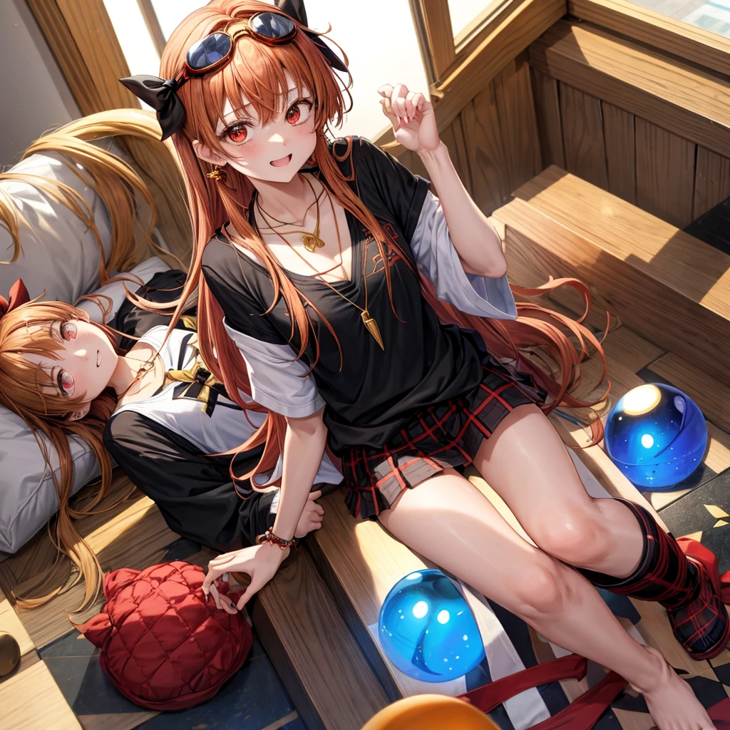 Brown, red, gold, golden hair、Red eyes、One good looking girl、solo、anime、Checkered mini skirt、Black camisole、Black T-shirt、hoodie、Wearing a ribbon、Ribbon on waist、Crystal Earrings、Gemstone Necklace、Light and shadow、Tilting face、Teeth are visible、Marble pillar、The floor is reflecting、Kind Face、Kuroko、wearing goggles on head