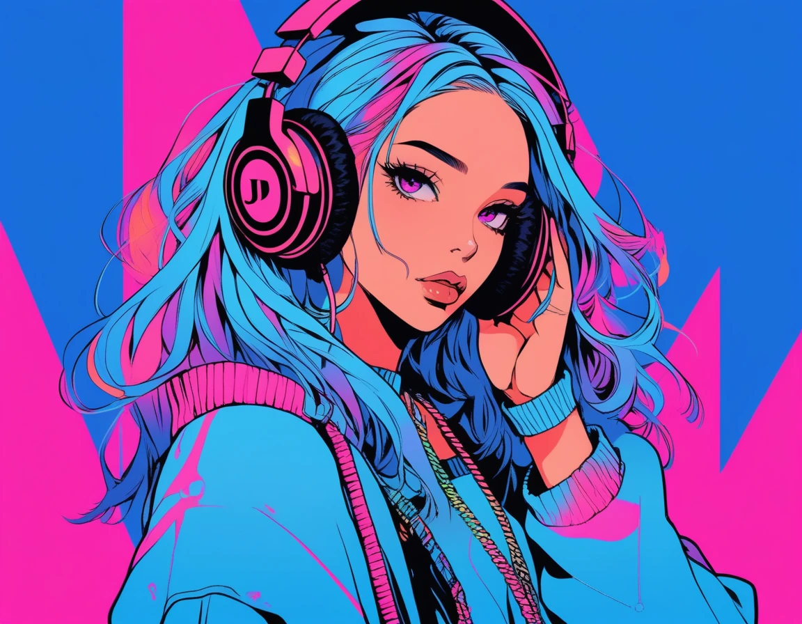 Illustrator, anime , Realistic ,sketch , 1 Girl, ,lip, sweater,order, Blue gradient background, Neon Hair,Textured Trim, Canadian, (masterpiece,Highest quality), Battle DJ girl in HIPHOP fashion wearing DJ headphones,