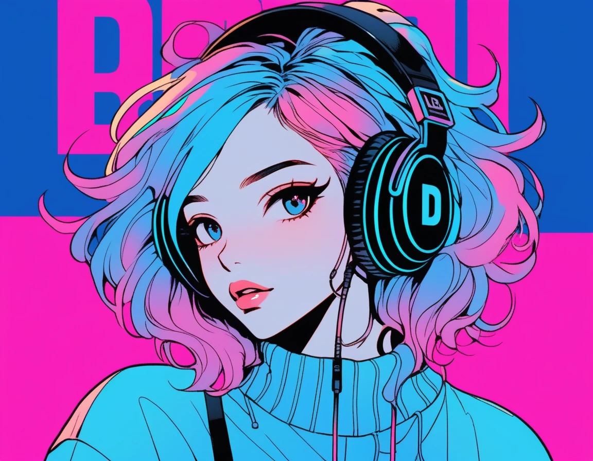 Illustrator, anime , Realistic ,sketch , 1 Girl, ,lip, sweater,order, Blue gradient background, Neon Hair,Textured Trim, Canadian, (masterpiece,Highest quality), Battle DJ girl in HIPHOP fashion wearing DJ headphones,