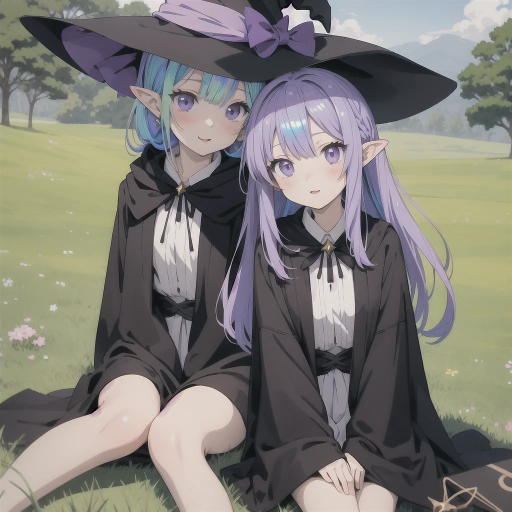 anime girl long purple hair wearing a black Robe. she has pointy ears. Witch Hat. Manga kawaii. iridescent ,An illustration, 0ne person .Sitting in the grass, hair blowing in the wind