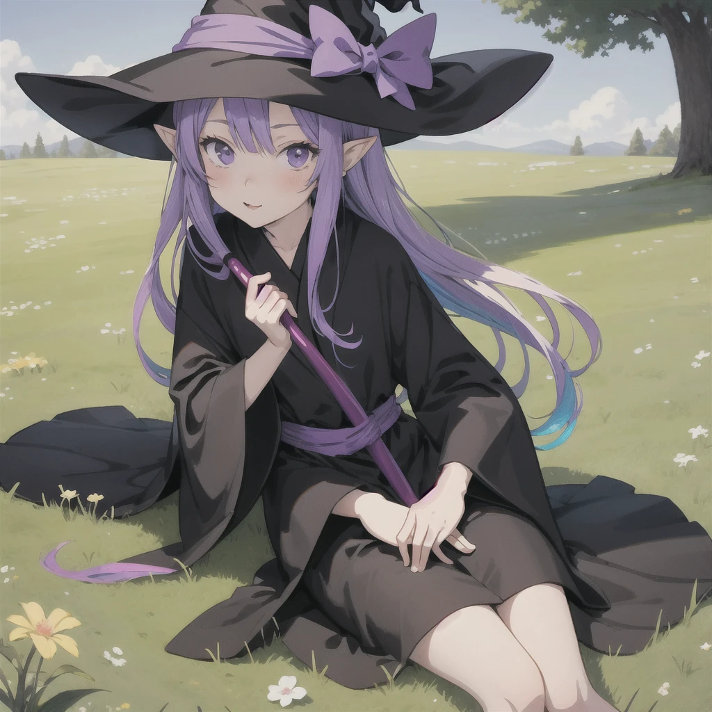anime girl long purple hair wearing a black Robe. she has pointy ears. Witch Hat. Manga kawaii. iridescent ,An illustration, 0ne person .Sitting in the grass, hair blowing in the wind