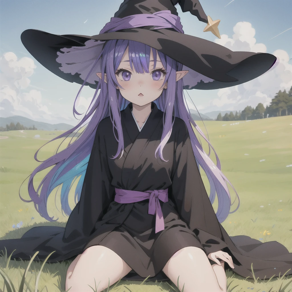 anime girl long purple hair wearing a black Robe. she has pointy ears. Witch Hat. Manga kawaii. iridescent ,An illustration, 0ne person .Sitting in the grass, hair blowing in the wind