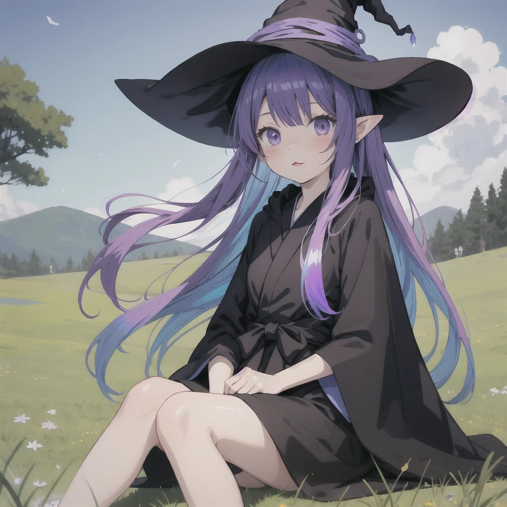 anime girl long purple hair wearing a black Robe. she has pointy ears. Witch Hat. Manga kawaii. iridescent ,An illustration, 0ne person .Sitting in the grass, hair blowing in the wind