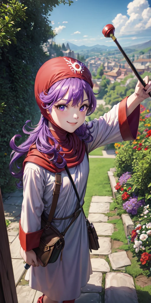 masterpiece, best quality, 4k, 8k, dqPom, red hood, purple hair, robe, upper body, standing, holding staff, sky, garden, looking at viewer, from above, smile