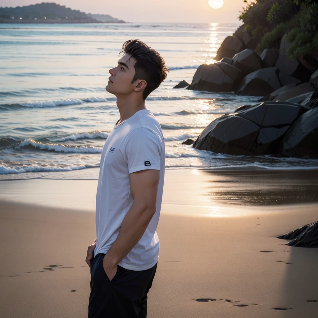 a very handsome man as if he came out of a men's shower gel advertisement, book cover boy(wondering), t-shirt, active, he is in Right side view. on the serene beach normally sunset view, ultra wide angle
, crowded