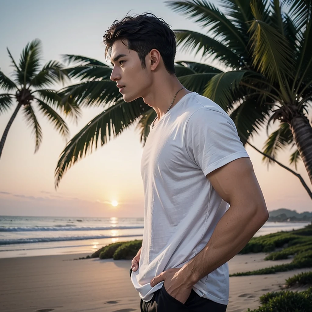 a very handsome man as if he came out of a men's shower gel advertisement, book cover boy(wondering), t-shirt, active, he is in Right side view. on the serene beach normally sunset view, ultra wide angle
, crowded