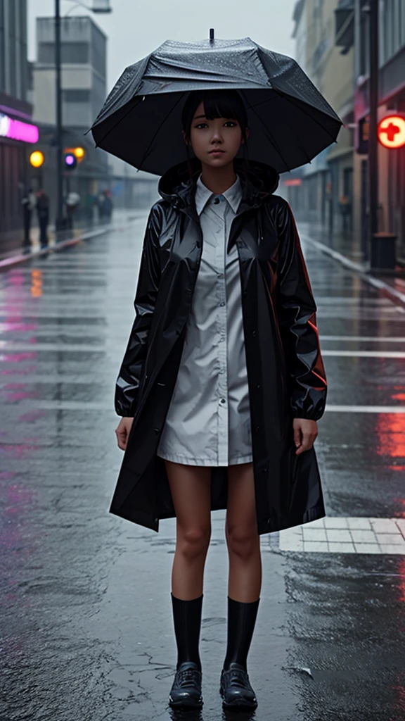 The girl is wearing a raincoat, It was raining heavily;, 3d anime