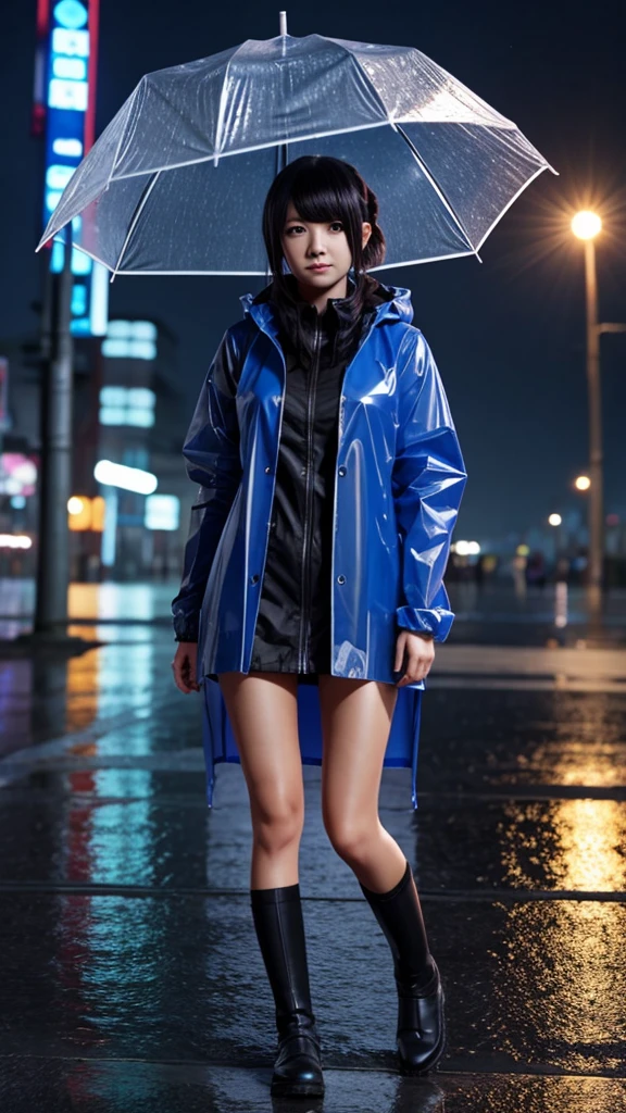 The girl is wearing a raincoat, It was raining heavily;, 3d anime