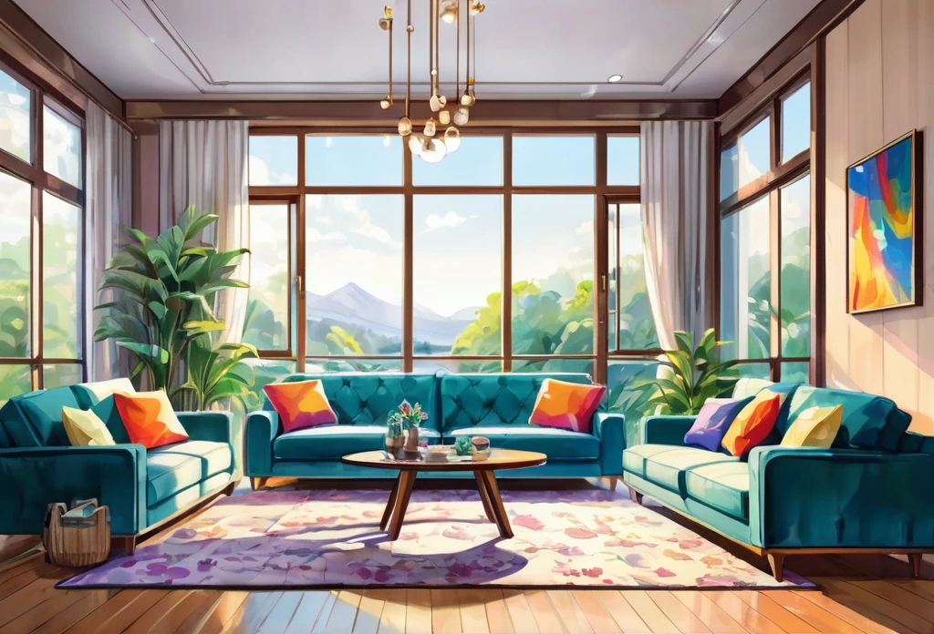 A big sofa, inside a modern living room, landscape orientation, indoor, (masterpiece best quality:1.2) delicate illustration ultra-detailed, detailed background, illustrations, bright, colourful, 