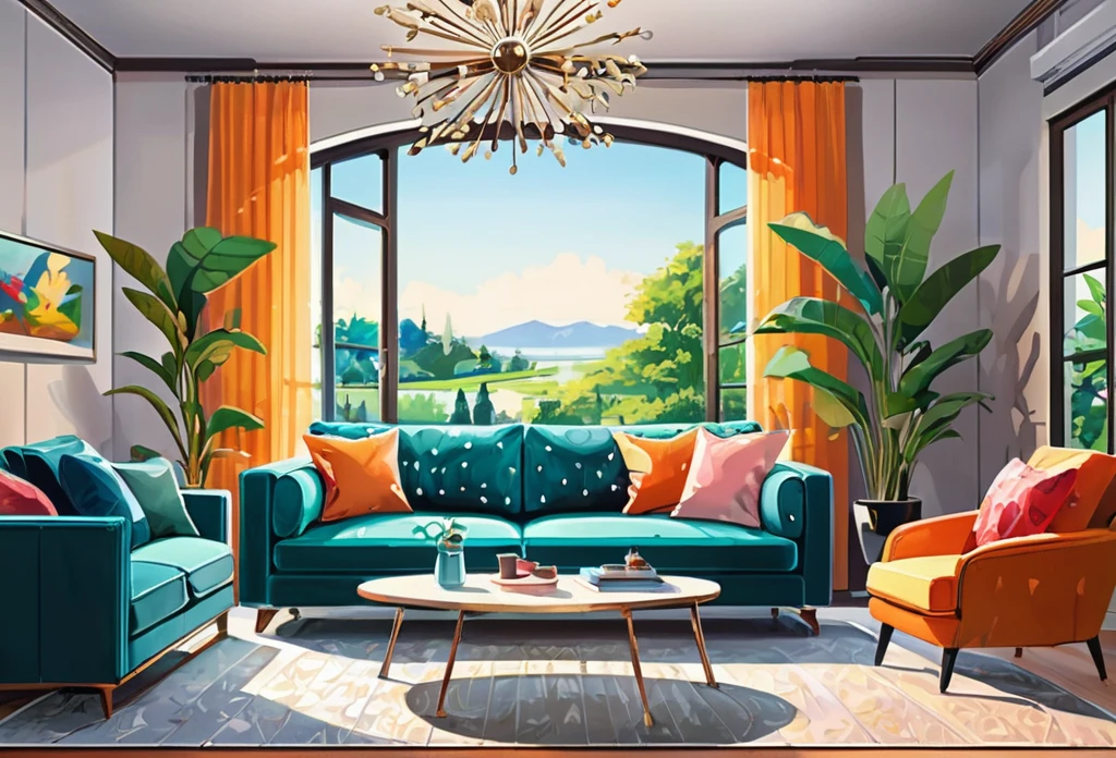 A big sofa, inside a modern living room, landscape orientation, indoor, (masterpiece best quality:1.2) delicate illustration ultra-detailed, detailed background, illustrations, bright, colourful, 