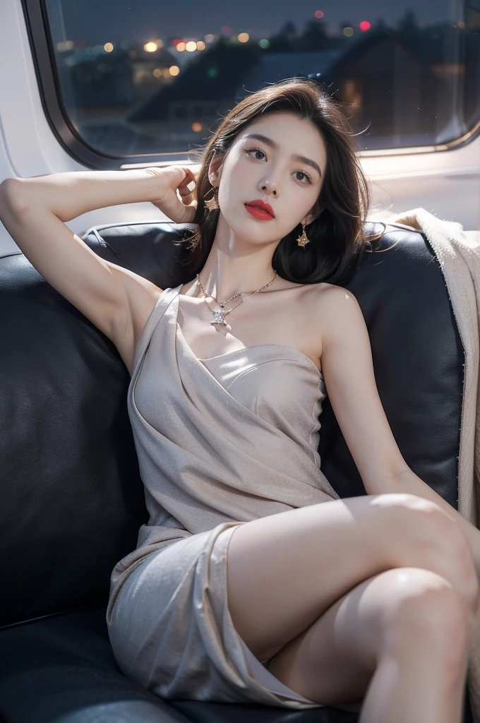 (((best quality))),(((ultra detailed))),(((masterpiece))),illustration,(a beautiful girl,female passenger,solo),(parted red lips),((slim,thin,small breasts,flat chest)),((earrings,crystal necklace)),(slender legs:1.2),(spread legs apart:1.3),(raising both arms, showing armpits, smooth armpits),summer night,((in airplane,economy class,indoor)),(blanket over shoulders:1.3),((sleeveless dress)),(shoulder length straight bob hair:1.2),stars,moonlight,smooth flight,engine sound,lullaby,relaxed,excited,laughing,visiting family,comfortable seats,soft fabric,headrests,adjustable,beauty of night sky,dimmed lights,sleeping passengers,movies,personal screens,staying awake,magic of sky,joy of being with family,memorable journey,adventures,(surrounded by crowded crowds:1.3),(Outside the window is high-altitude night view:1.2),((from front,upper body))