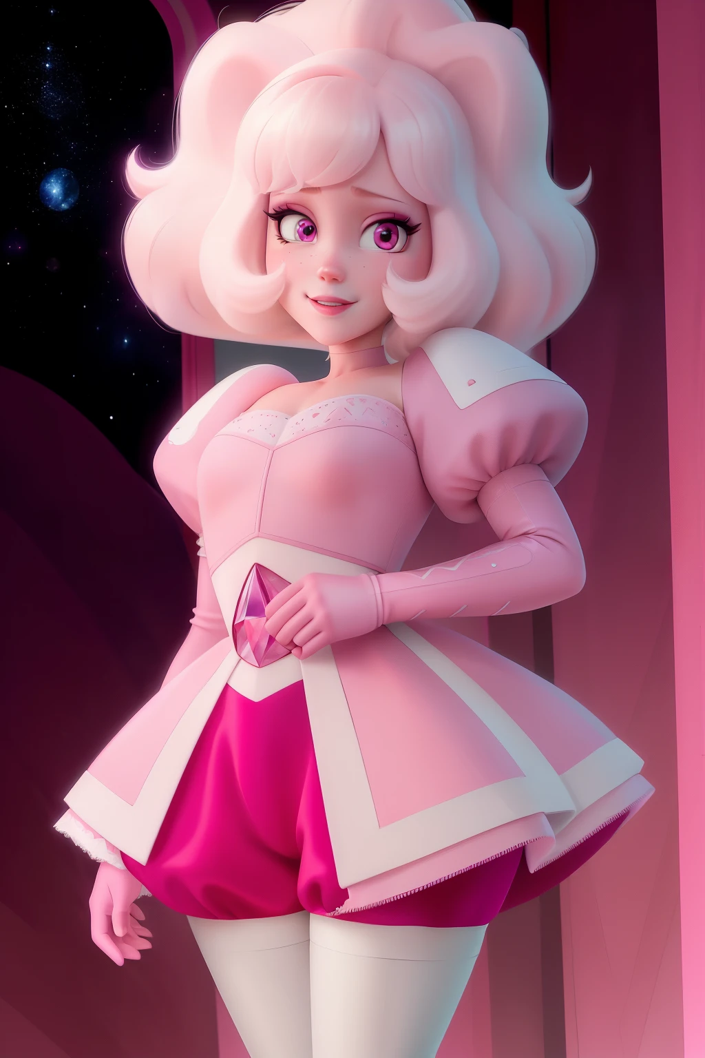 pnkdamond, pink hair, pink eyes,  long hair,  stomach gem,  pink skin,  toned, 
puffy short sleeves, elbow gloves ,  white thighs,   Puffy dress, 
standing, Upper part of the body, 
 outer space,  
(incredibly detailed, beautiful detailed face,Beautiful detailed eyes, Masterpiece, Best Quality) cinematic lighting,  SMILE, 
 