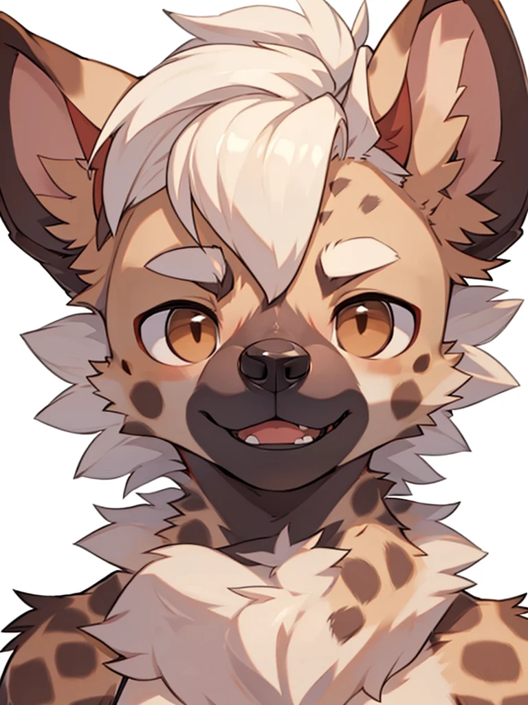 (Best image quality),(masterpiece),(((The only one))),(Very detailed),(Male hyena:1.5), (White hair:1.3), hairy，((Brown eyes)) ,(hairy动物耳朵)，Open your mouth slightly，Smile，Small and sharp，Natural Lighting，Pure white background, Delicate face，Details on the face，character focus，Depth of Field，Perfect lighting，Clear focus，Solitary，Front view，Handsome，Shota，Smirk