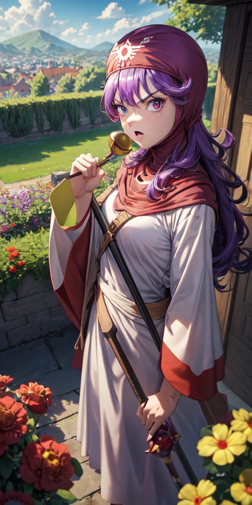 masterpiece, best quality, 4k, 8k, dqPom, red hood, purple hair, robe, upper body, standing, holding staff, sky, garden, looking at viewer, from above, angry