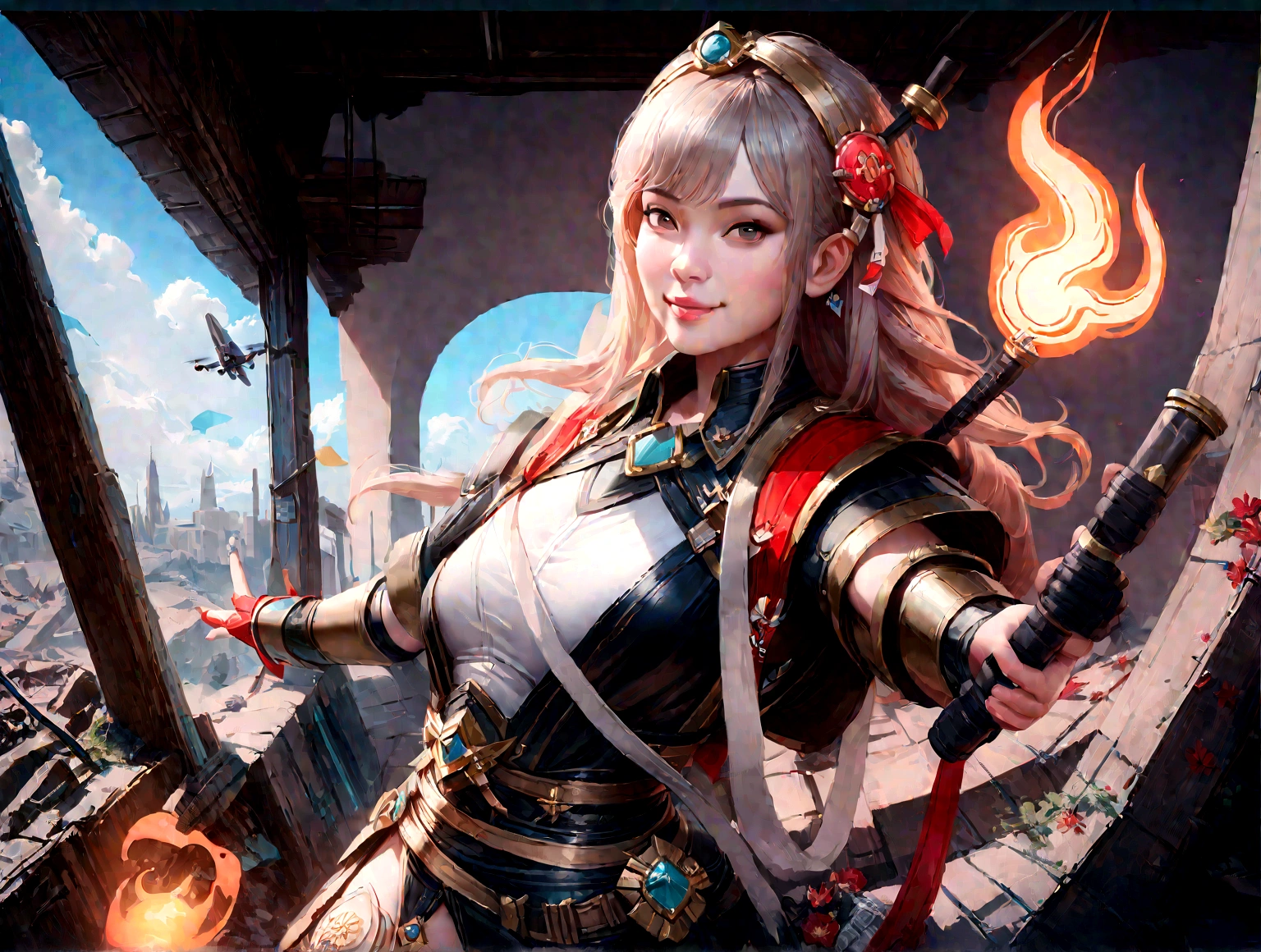 (8K, Highest quality, masterpiece: 1.2), (Realistic, Realistic: 1.37), Very detailed, 1 Girl, cute, alone, (smile: 1.15), battlefield,The whole thing was filmed by drone,