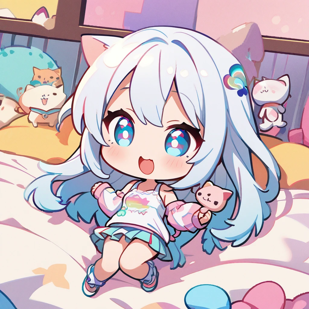 masterpiece、Highest quality、Depth of subject、((2D illustration))、1 beautiful girl、((colorful))、(((chibi style)))、((Long, beautiful hair))、Bright silver hair、ribbon、cute、Beautifully detailed eyes、Tank top、((mini skirt))、(((vivid color))、((bed))、stuffed toy、((full body shot))、((Very happy face))、((kitten))、((There&#39;s a lot of pink around))、((Lens flare))、White light is shining、My whole body was filled with light