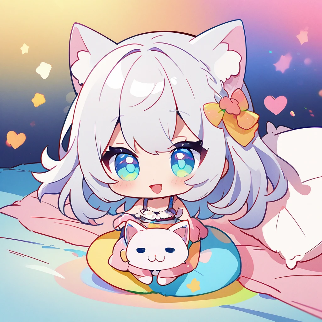 masterpiece、Highest quality、Depth of subject、((2D illustration))、1 beautiful girl、((colorful))、(((chibi style)))、((Long, beautiful hair))、Bright silver hair、ribbon、cute、Beautifully detailed eyes、Tank top、((mini skirt))、(((vivid color))、((bed))、stuffed toy、((full body shot))、((Very happy face))、((kitten))、((There&#39;s a lot of pink around))、((Lens flare))、White light is shining、My whole body was filled with light