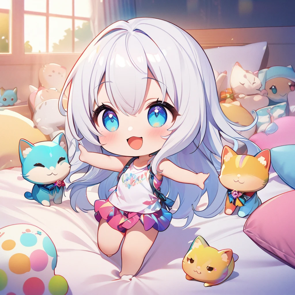 masterpiece、Highest quality、Depth of subject、((2D illustration))、1 beautiful girl、((colorful))、(((chibi style)))、((Long, beautiful hair))、Bright silver hair、ribbon、cute、Beautifully detailed eyes、Tank top、((mini skirt))、(((vivid color))、((bed))、stuffed toy、((full body shot))、((Very happy face))、((kitten))、((There's a lot of pink around))、((Lens flare))、White light is shining、My whole body was filled with light