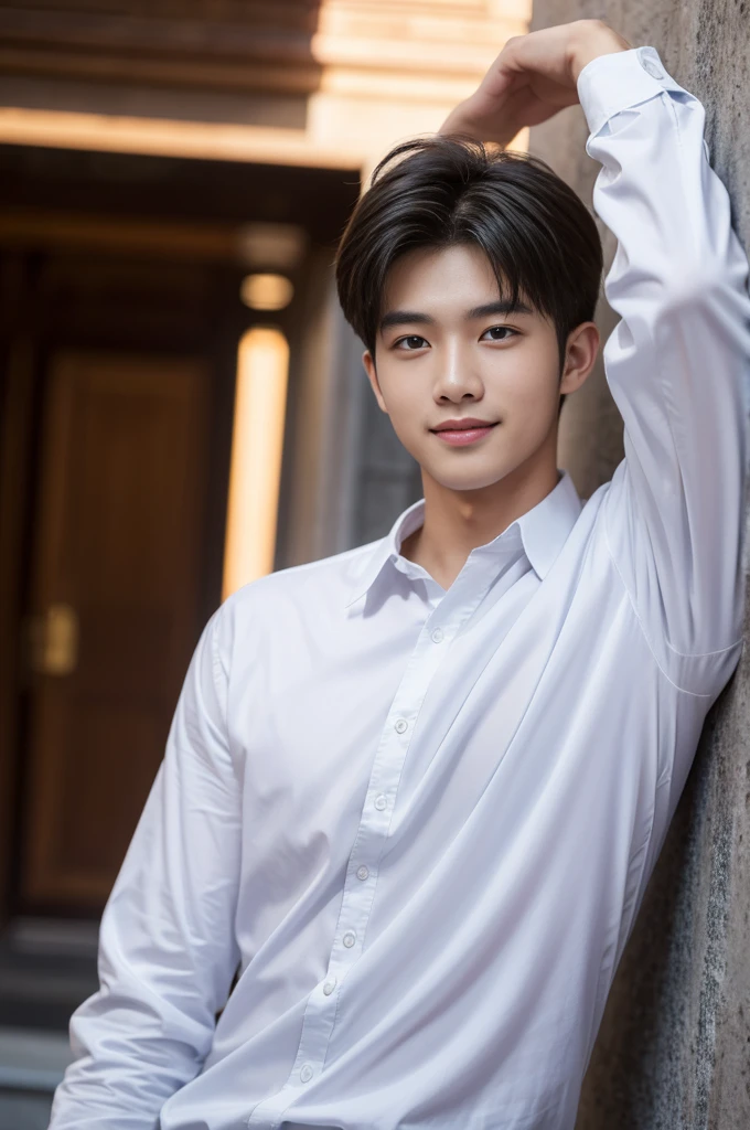male handsome 20-year-old handsome shirt guy,looking to the camera,frontage,high qulity,tmasterpiece,8K.4K,1080P,Light-sensitive, ยิ้ม